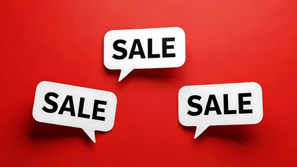 Three white speech bubbles with the word S A L E in black text on a red background sale discount 1