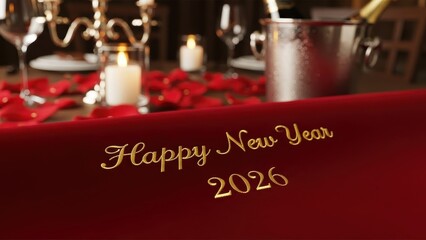 Romantic New Year's Eve 2026 Dinner Setting with Gold Script on Red Tablecloth, Rose Petals, and Candles