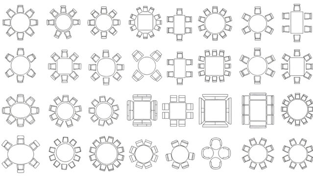 Vector Architectural Top View Dining Furniture Set Featuring Tables and Chairs in Blueprint Outline Style