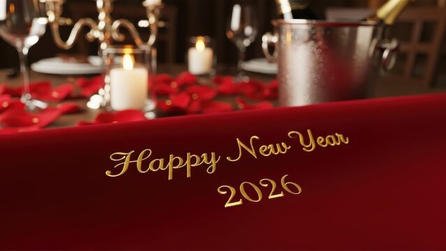 Romantic New Year's Eve 2026 Dinner Setting with Gold Script on Red Tablecloth, Rose Petals, and Candles - Powered by Adobe