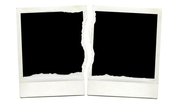 Two Torn Polaroid Photos With Black Empty Space On White Background ripped broken