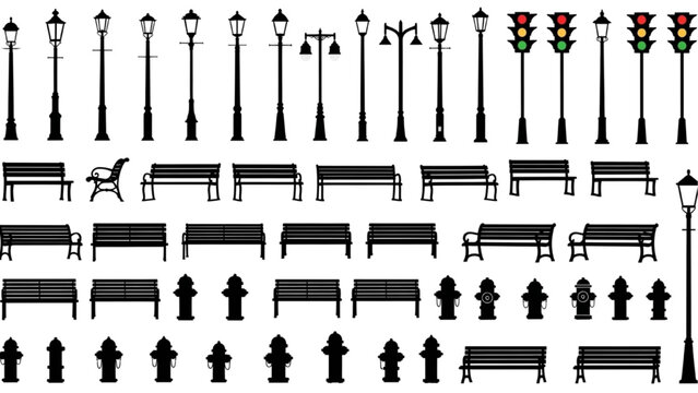 Urban Street Furniture Vector Silhouette Set Featuring Lamps, Benches, and Traffic Signals in Black Side View