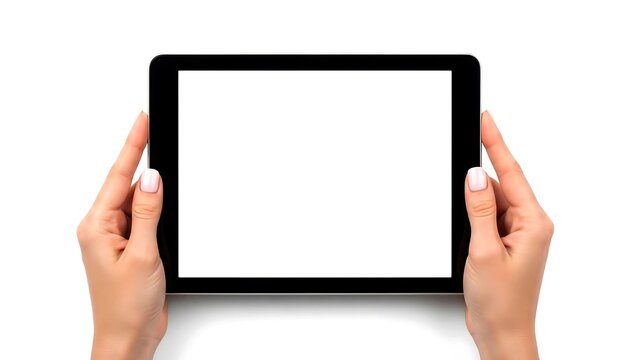 Woman's hands holding black tablet computer with blank white screen image 1 - Powered by Adobe