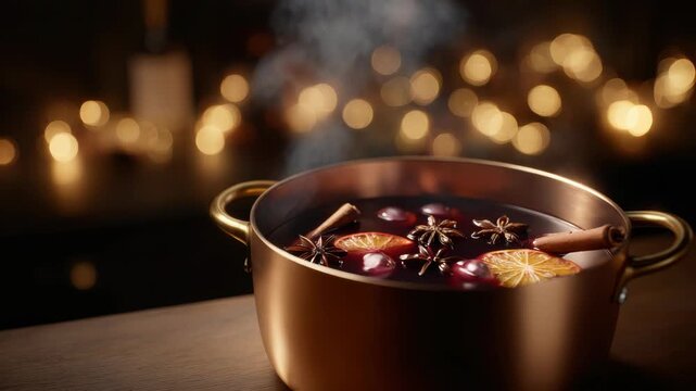 Festive mulled wine simmering with spices in golden pot for celebration