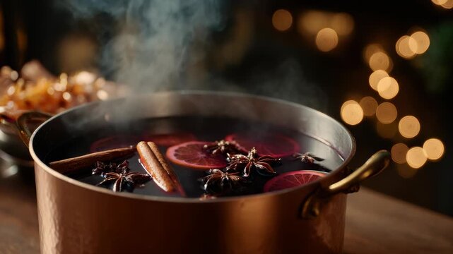 Steaming mulled wine with spices and orange slices for festive winter holiday
