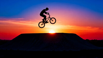 Obraz premium Bmx biking silhouette sunset jump extreme sport adventure lifestyle freedom challenge skill stunt rider bicycle action adrenaline sky clouds horizon sun dusk evening nature outdoor