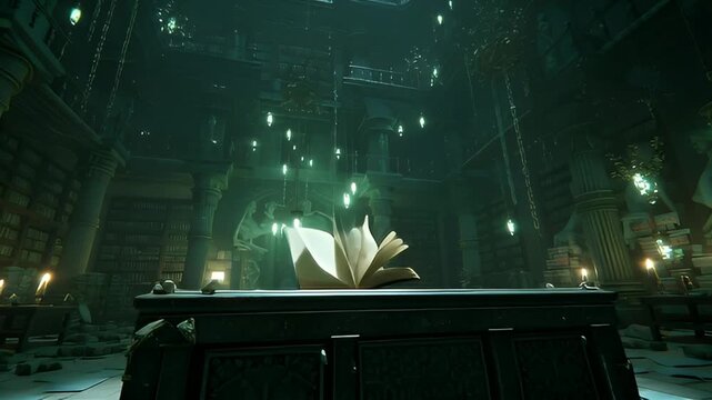 An ancient open tome glows with ethereal green energy on a dark pedestal, illuminating a vast, forgotten library filled with mystical arcane secrets and forgotten lore