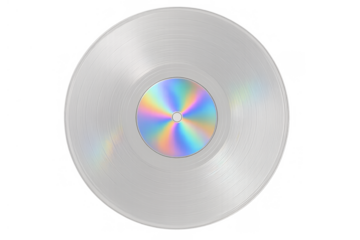 Silver vinyl record with holographic label effect, reflecting vibrant rainbow colors, symbolizing music achievement and retro entertainment