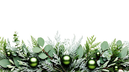 Festive border of green christmas ornaments and mixed winter foliage, ideal for holiday designs and seasonal greetings