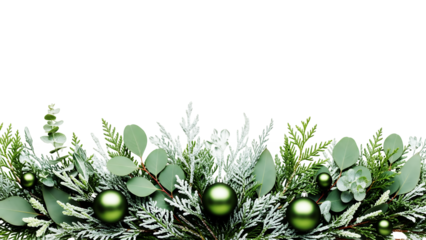 Festive border of green christmas ornaments and mixed winter foliage, ideal for holiday designs and seasonal greetings
