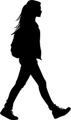 Fototapeta premium Black silhouette of a young woman or student walking with a backpack. Concept for travel, education, outdoor activity, or urban lifestyle.