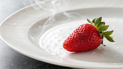 Single ripe strawberry with rising steam on a white plate, ideal for culinary concepts, food styling, gourmet presentations, fresh dessert recipes, health food ads, and minimal food photography