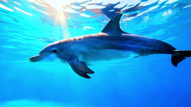 Dolphin underwater ocean sea marine life mammal aquatic animal wildlife nature travel tourism adventure exploration oceanography conservation biology marine ecosystem blue water sunlight rays