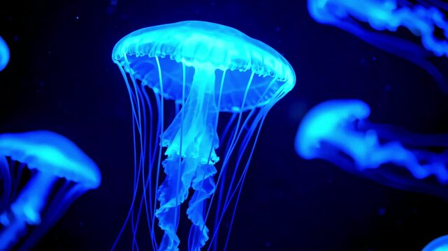 Jellyfish marine life ocean sea underwater aquatic animal wildlife nature blue bioluminescence tentacles swimming translucent deepwater medusa invertebrate cnidarian exotic beauty glow