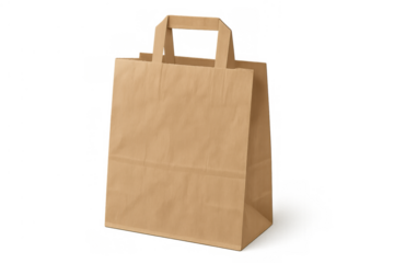 Brown kraft paper bag with handles standing, ready for shopping, takeaway food, delivery, or retail packaging. Transparent background