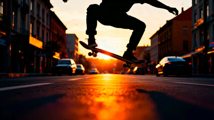 Skateboarder silhouette sunset city street urban lifestyle extreme sport action jump trick recreation youth culture freedom energy motion skill adventure challenge adrenaline rush exercise