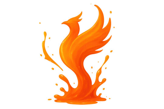 Phoenix bird forming from orange liquid paint splash, rising from a dynamic pool with droplets, mythical creature concept, transparent background
