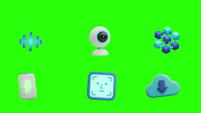Modern 3D technology icon set featuring face ID, cloud download, smart camera, voice assistant, blockchain network, battery charging