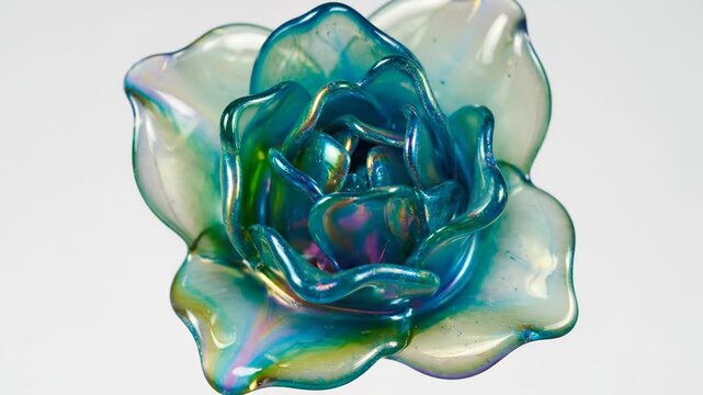 Close up of a beautiful iridescent blue glass or resin rose flower with shimmering pearl effect on a plain white background 4k video