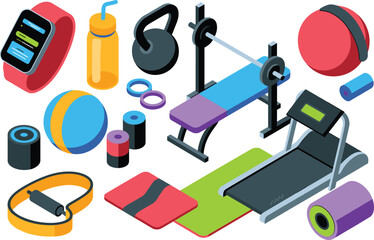 Isometric fitness equipment set with gym accessories, workout machines, exercise tools, sports gear collection, modern vector illustration for health and training