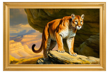 Cougar standing on a rock oil painting of a mountain lion in the wild wildlife art for home decor