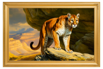 Cougar standing on a rock oil painting of a mountain lion in the wild wildlife art for home decor