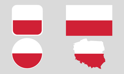 Poland Flag Icon Set in Square, Round, and Map Shapes. Clean Modern Collection. Perfect for use in apps, websites, presentations, infographics, educational materials, travel content.	