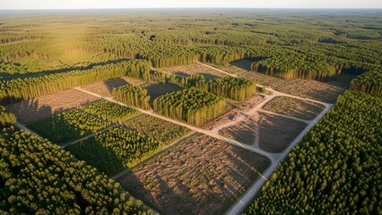 Aerial view of a forest with clear-cut sections and dirt roads, showing a mix of dense trees and open areas.
