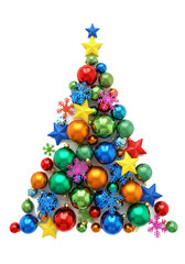 Obraz premium A Christmas tree is formed by a collection of ornaments and stars against a white background