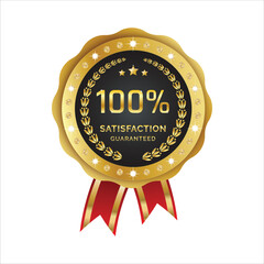 Golden 100% satisfaction guaranteed seal with elegant red ribbons