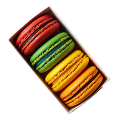 Colorful macarons in a box gourmet dessert display isolated