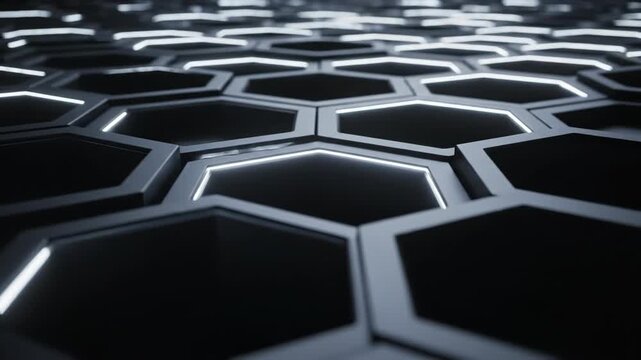 Abstract dark background of repeating three dimensional hexagonal cell structure with subtle glowing light in a modern technology pattern 4k video