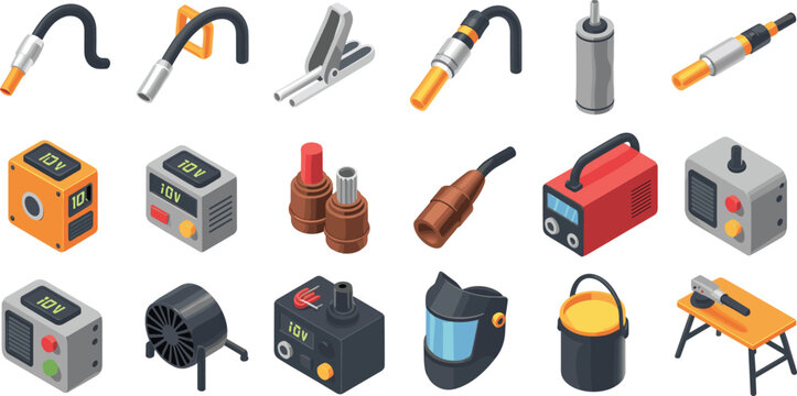 Isometric welding tool illustration set with welding machines, electrodes, clamps, protective gear, workshop equipment, industrial vector icons for fabrication work