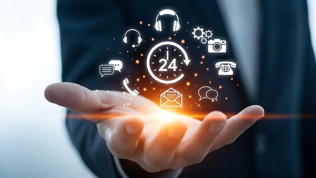 Businessman holding holographic icons representing customer service and support - Powered by Adobe