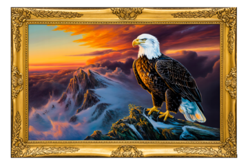 Bald eagle perched on a mountain peak majestic bird of prey with a dramatic sky framed painting for patriotic themes