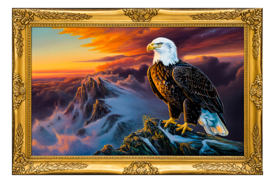 Bald eagle perched on a mountain peak majestic bird of prey with a dramatic sky framed painting for patriotic themes