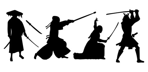 Samurai Silhouette Set. Traditional Warrior with Katana Poses Vector Collection