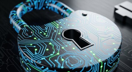 Cyber Security Lock: Circuit Board Design with Glowing Blue and Green Lights