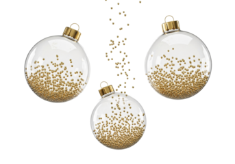 Three transparent Christmas baubles are arranged across the frame, each with a gold cap