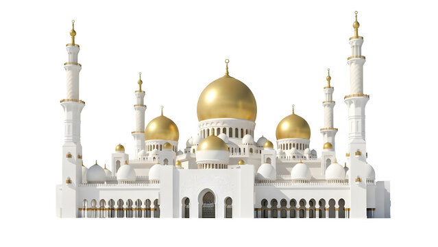 White mosque with golden domes isolated on transparent background