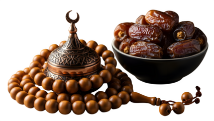 Dates rosary beads and incense burner isolated on transparent background