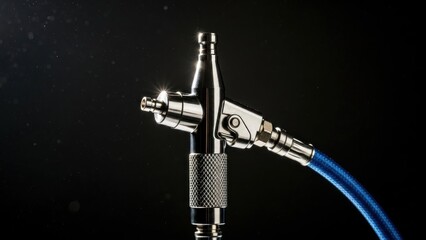Detailed Airbrush Tool with Blue Hose, Dramatic Lighting, Black Background, Close-Up.