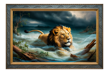 Surreal lion emerging from stormy ocean waves in ornate gold picture frame PNG transparent background.