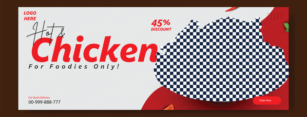 Delicious roasted chicken with fresh vegetables and herbs on a red background with percentage discount offer