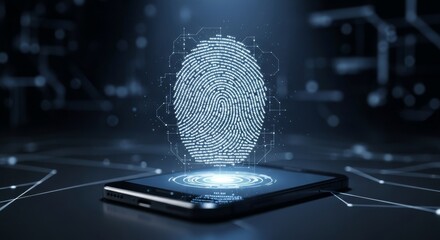 Futuristic mobile phone security with a glowing digital fingerprint identification system.