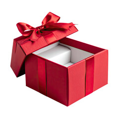 Open red gift box with matching ribbon, clean white interior, gifting