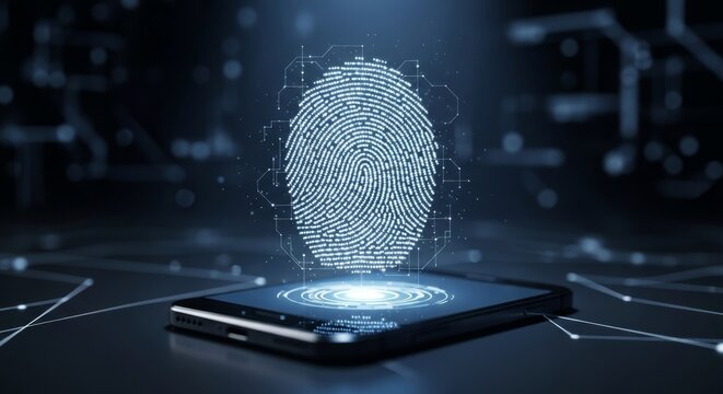 Futuristic mobile phone security with a glowing digital fingerprint identification system.