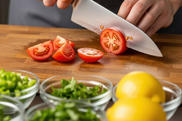 a chef's hands slicing fresh cherry tomatoes on a wooden cutting board