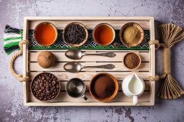 Flat lay view of an artisanal coffee and tea service