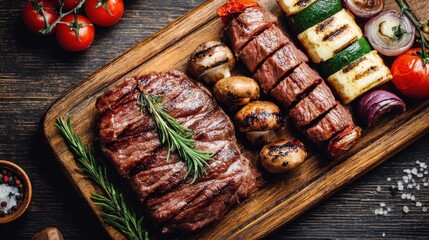 Grilled steak and skewered meat served with roasted vegetables on a wooden board